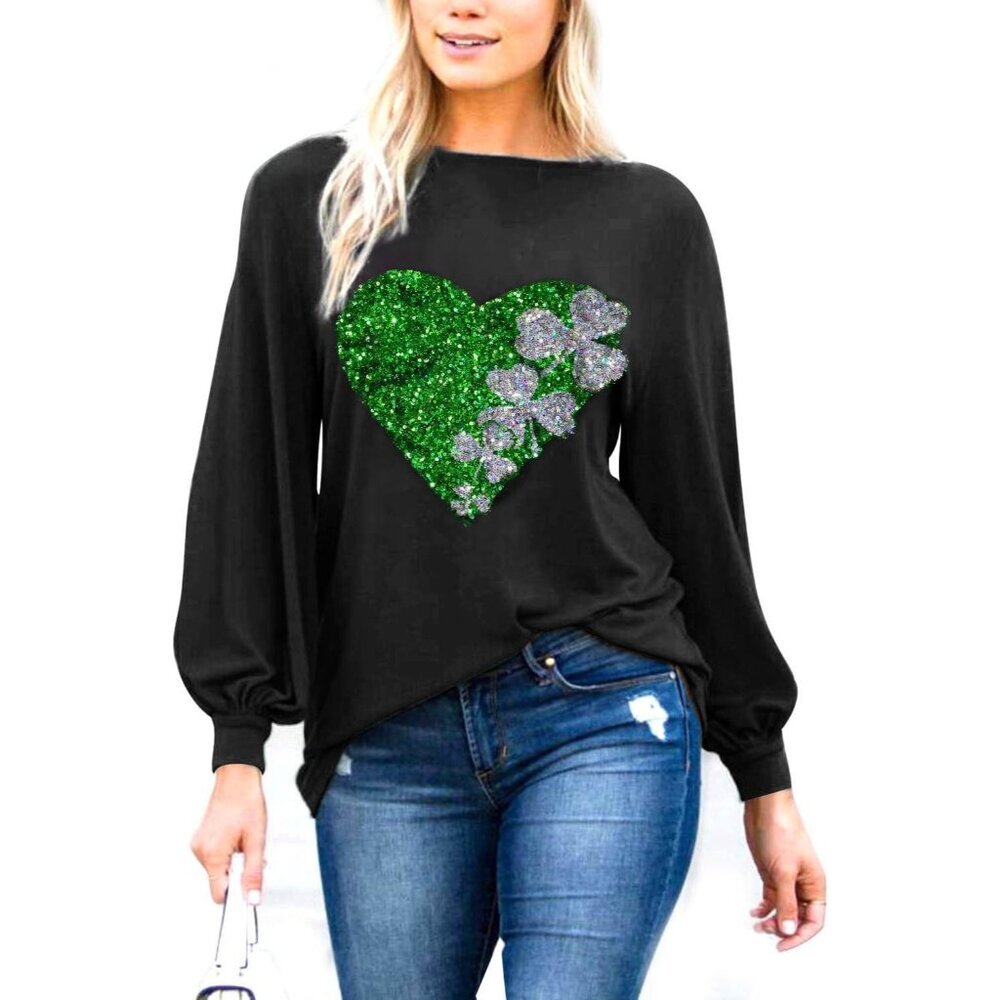 Women's Black Shamrock Casual Long Puff Sleeve Boat Neck T Shirts Tunic Top - Picture 1 of 4